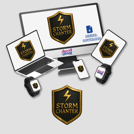 Storm Chanter RPG-Style Skill Badge featuring a striking gold and gray thunder crest design, available as a sticker or digital artwork, showcasing Decal Venue's unique vinyl and digital art offerings.