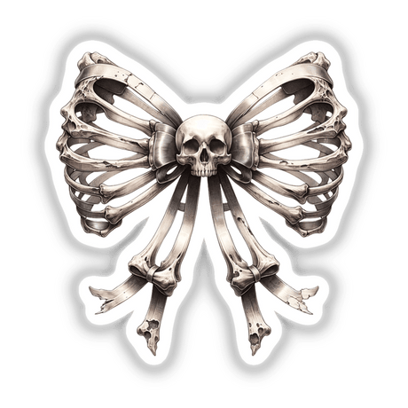 Eerie Skeleton Bow Motif - Unique digital artwork featuring a macabre yet ornate design with a skull and bone elements arranged in the shape of a butterfly bow.