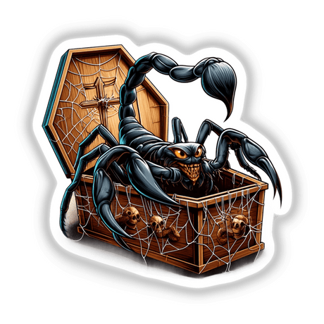 Halloween Scorpion Peeking Out of Coffin - An illustrated scorpion emerging from a wooden coffin, featuring a spider web and skull elements. Available as stickers or digital artwork.