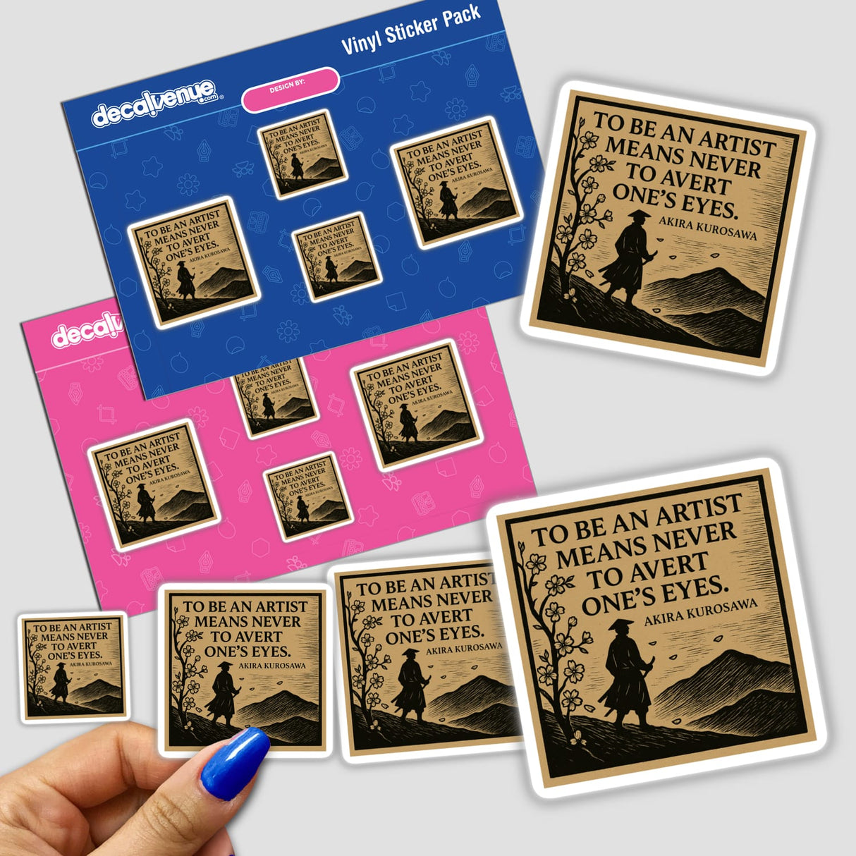 Akira Kurosawa Quote Sticker - Samurai Woodcut Art Clipart with Commercial Rights: features a woodcut-style samurai scene with cherry blossoms, embodying Japanese art, perfect for laptops, bottles, and journals.