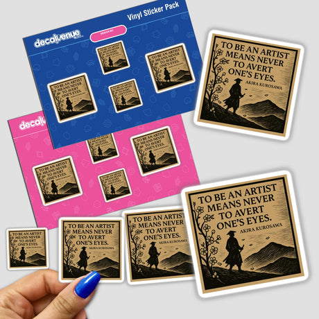 Akira Kurosawa Quote Sticker - Samurai Woodcut Art Clipart with Commercial Rights: features a woodcut-style samurai scene with cherry blossoms, embodying Japanese art, perfect for laptops, bottles, and journals.