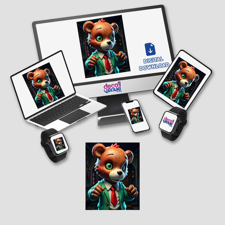 A Macabre Scary Bear cartoon character in a suit and tie displayed on screens, available as stickers or digital artwork.