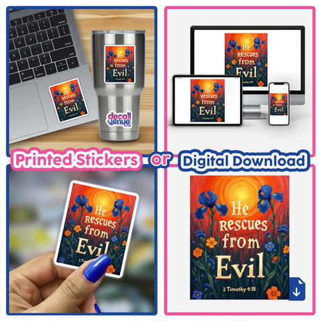 Fauvist Spring Marigold “He Rescues From Evil” 2 Timothy 4:18 Sticker or Clipart displayed on a laptop, showcasing vibrant floral design, available for commercial use.