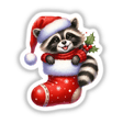 Peeking Santa Raccoon in Sweater Christmas Stocking, featuring a cartoon raccoon wearing a hat and scarf, perfect for stickers or digital artwork from Decal Venue's unique collection.