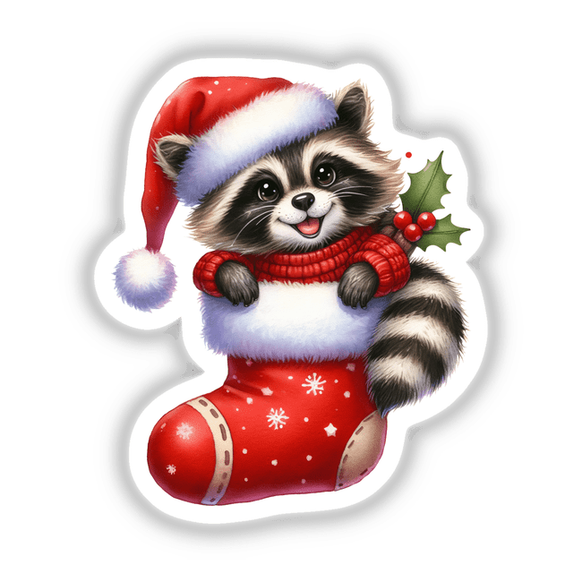Peeking Santa Raccoon in Sweater Christmas Stocking, featuring a cartoon raccoon wearing a hat and scarf, perfect for stickers or digital artwork from Decal Venue's unique collection.