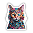 Colorful floral cat portrait with vibrant patterns and textures, depicting a feline with striking blue eyes and intricate decorative elements.
