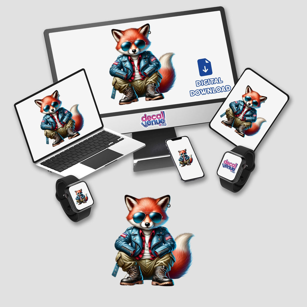 Patriotic Leather Fox Aviator Sunglasses digital artwork displayed on a computer monitor and laptop, featuring a cartoon fox wearing sunglasses and a leather jacket. Available as stickers or digital artwork.