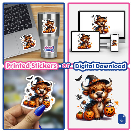 Cute Halloween Highland Cow in Costume collage featuring stickers and digital artwork of a cartoon cow holding a pumpkin basket, displayed on a laptop and various other items.