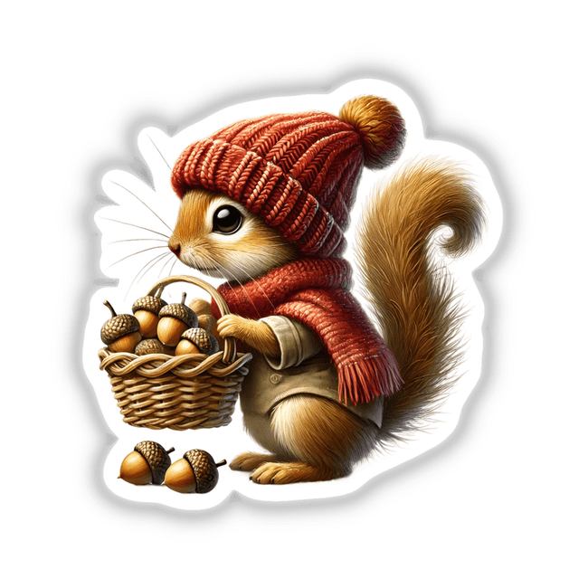 Squirrel Gnome with Acorn Basket, a whimsical cartoon squirrel holding a basket of acorns, ideal for DIY crafts or holiday projects from DecalVenue.