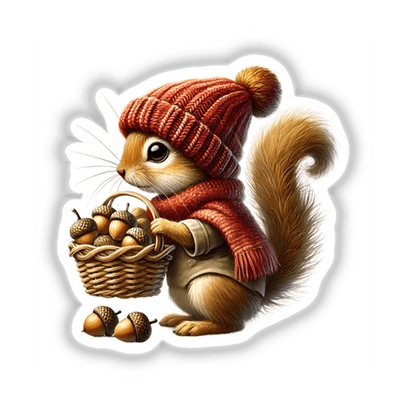 Squirrel Gnome with Acorn Basket, a whimsical cartoon squirrel holding a basket of acorns, ideal for DIY crafts or holiday projects from DecalVenue.