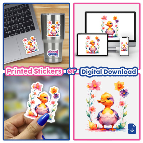 Cute baby duck with blooming flowers in a collage, showcasing vinyl stickers and digital artwork options. Featured on laptops and cups, perfect for Decal Venue's unique sticker collection.