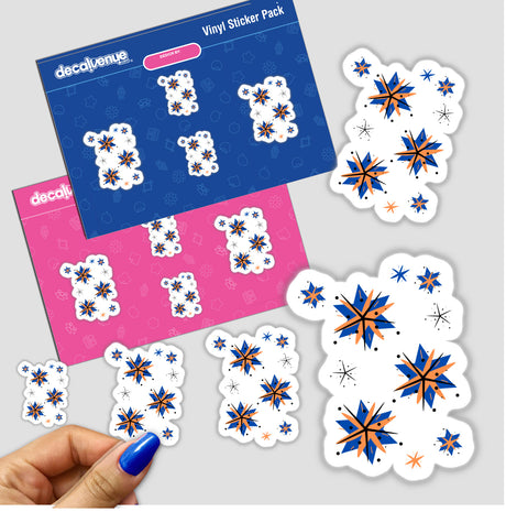 Sticker pack titled Stars, orange, blue, black, featuring varied star designs. Includes blue and orange stars with a close-up view of a hand holding a sticker, available as stickers or digital artwork.