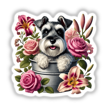 Schnauzer Dog Peeking Out of Flower Pot