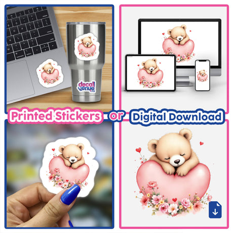 Sleepy Baby Bear with Valentine’s Heart depicted as adorable stickers or digital art, featuring a cute bear cuddling a heart, perfectly embodying Decal Venue's unique charm.