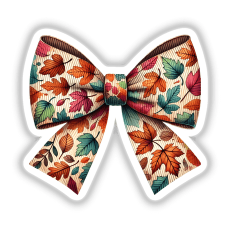 Autumn Leaves Pattern Coquette Bow featuring a colorful design with detailed leaf accents, available as stickers or digital artwork from Decal Venue.