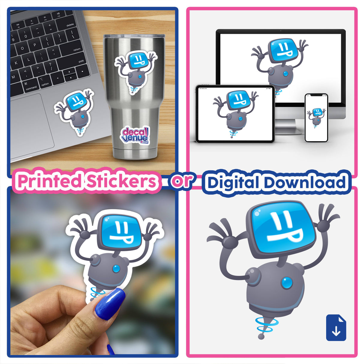 Razzbot sticker collage featuring a cartoon character and laptop, available as part of a sticker pack or individually from Decal Venue's unique sticker collection.