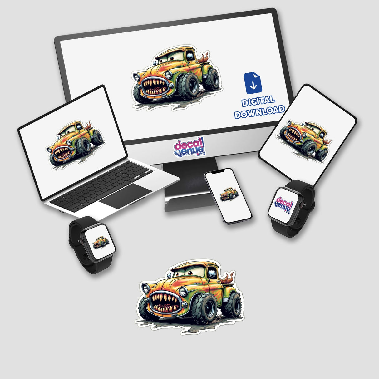 Calhambeque Dentuço digital artworks displayed on a laptop, monitor, tablet, phone, and smartwatch, featuring a cartoon monster truck with large teeth. Available as stickers or digital art.