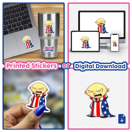 A collage featuring A Funny Guy With An American Flag cartoon character, available as stickers or digital artwork, highlighting its playful essence in various applications like laptops and cups.