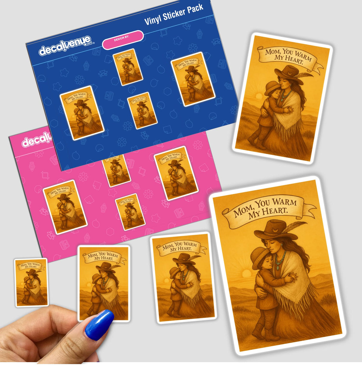 Boho Mystical Western Mother’s Day Sticker and Clipart titled 'Golden Horizon Hug,' depicting a mother and child embracing, available as unique vinyl stickers or digital artwork from Decal Venue.