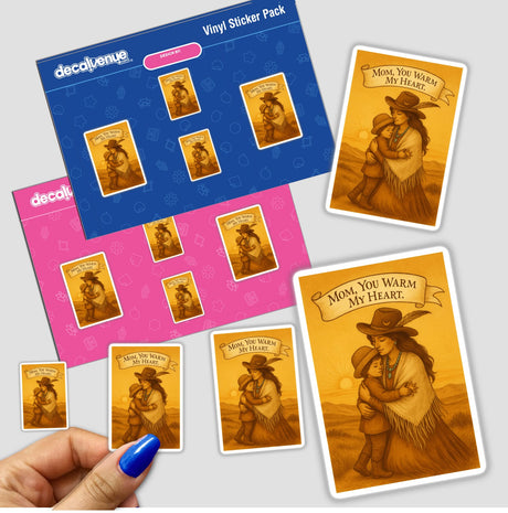Boho Mystical Western Mother’s Day Sticker and Clipart titled 'Golden Horizon Hug,' depicting a mother and child embracing, available as unique vinyl stickers or digital artwork from Decal Venue.