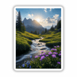 Mountain Stream at Sunrise with Wildflowers and Rolling Meadows, featuring a serene river, vibrant flowers, and majestic mountains, available as unique stickers or digital artwork from Decal Venue.
