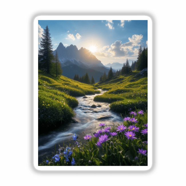 Mountain Stream at Sunrise with Wildflowers and Rolling Meadows, featuring a serene river, vibrant flowers, and majestic mountains, available as unique stickers or digital artwork from Decal Venue.