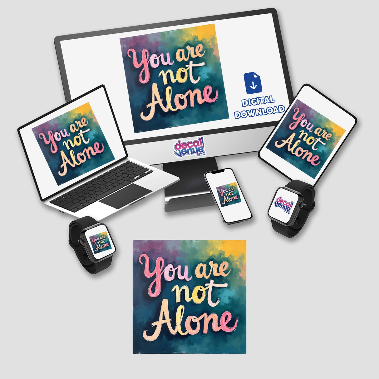 You Are Not Alone - Genesis 28:15 Christian Sticker featuring a comforting Bible verse, displayed on a laptop and phone, available as stickers or digital artwork.