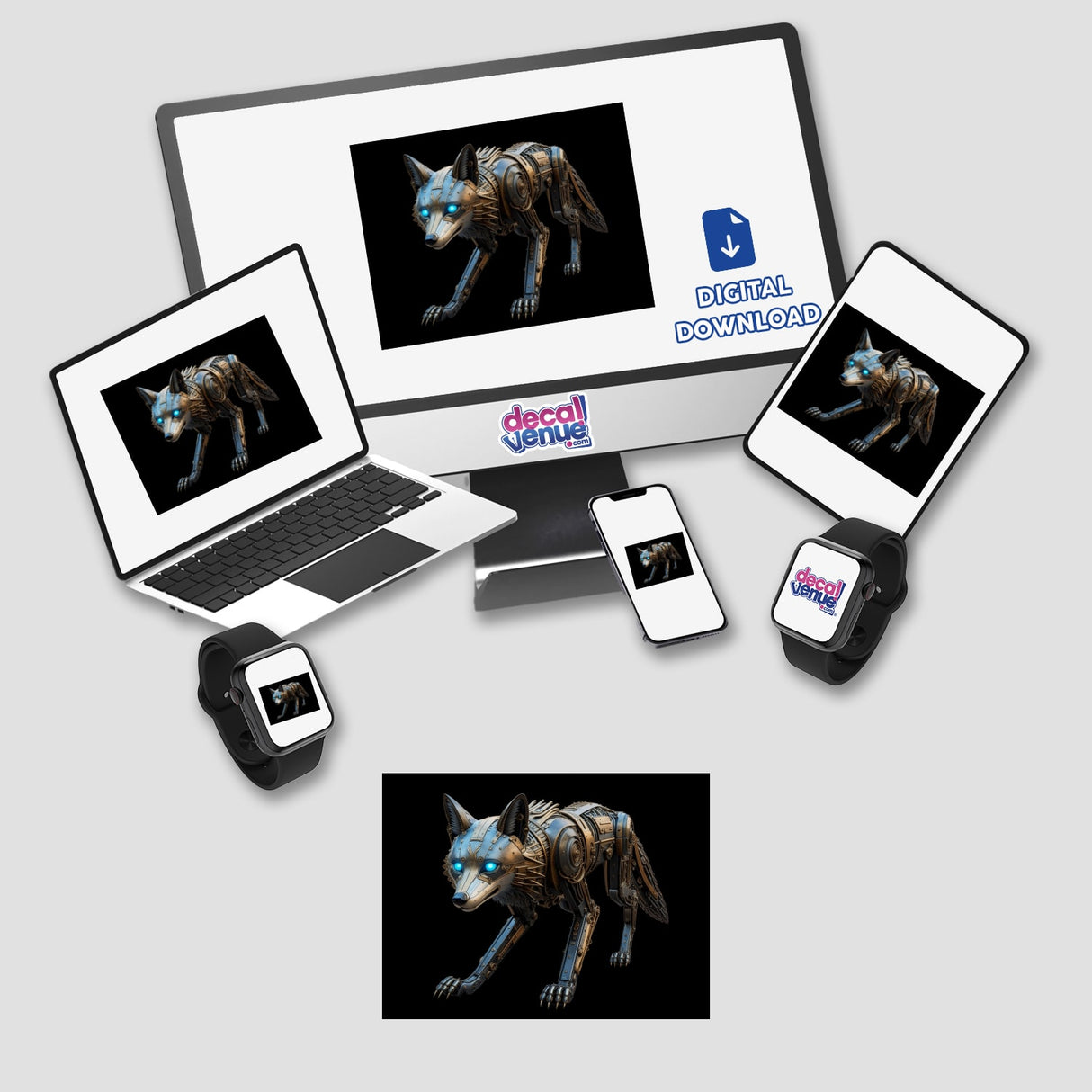 Steampunk Robotic Wolf with Glowing Blue Eyes depicted on a computer screen, showcases a futuristic design available as stickers or digital artwork from Decal Venue.