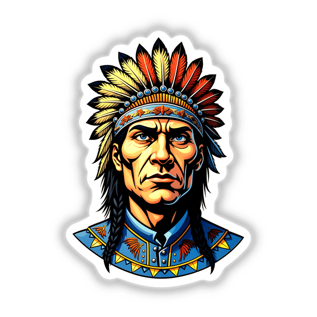 Illustration of a Native American Warrior Chief with a feathered headdress, available as unique stickers or digital artwork, reflecting Decal Venue's distinctive vinyl art offerings.