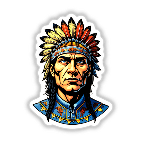 Illustration of a Native American Warrior Chief with a feathered headdress, available as unique stickers or digital artwork, reflecting Decal Venue's distinctive vinyl art offerings.
