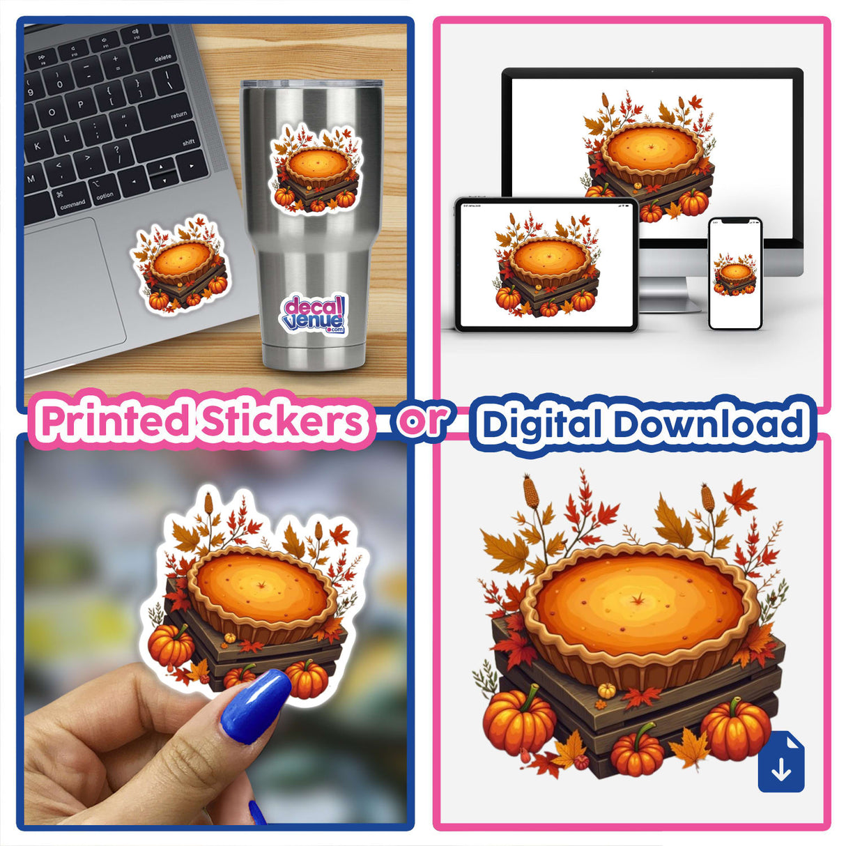 Autumn Pumpkin Pie Clipart - Stickers or Download with Commercial Rights; collage featuring a laptop with a pie sticker, a close-up of a pie decal, and pumpkin pies on wood stacks.
