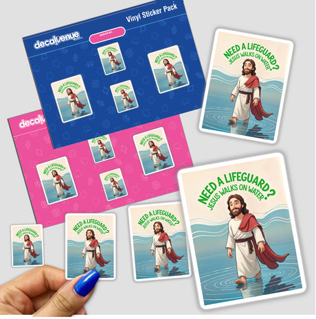 Sticker pack featuring Need A Lifeguard? Jesus Walks On Water funny quote, held in a hand. Includes cartoon characters, reflecting Decal Venue's unique vinyl stickers and digital art theme.
