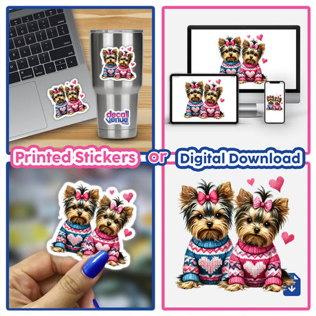 Two Yorkie Dogs in Heart Sweaters collage featuring various dog images, including close-ups of dogs in sweaters, perfect as stickers or digital artwork from Decal Venue.