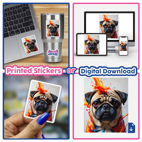 A collage featuring A Cute Pug - Animal Portrait, showcasing a pug surrounded by vibrant splashes. Available as a sticker or digital artwork from Decal Venue.