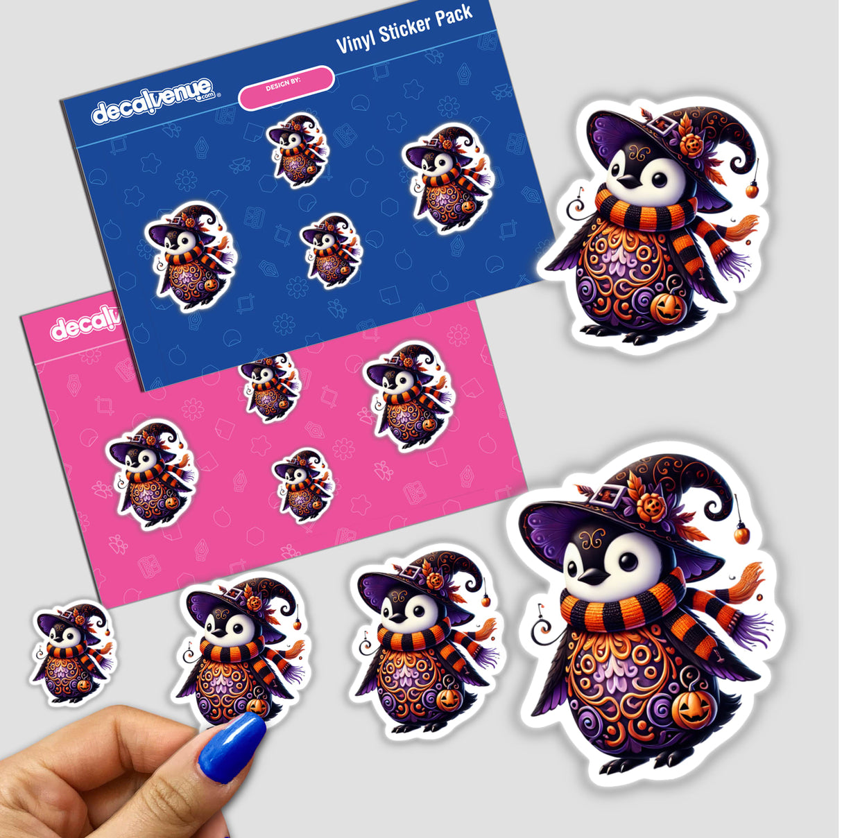 Colorful digital artwork of a Halloween-themed penguin wearing a witch hat, surrounded by festive stickers and patterns in a Decal Venue product image.