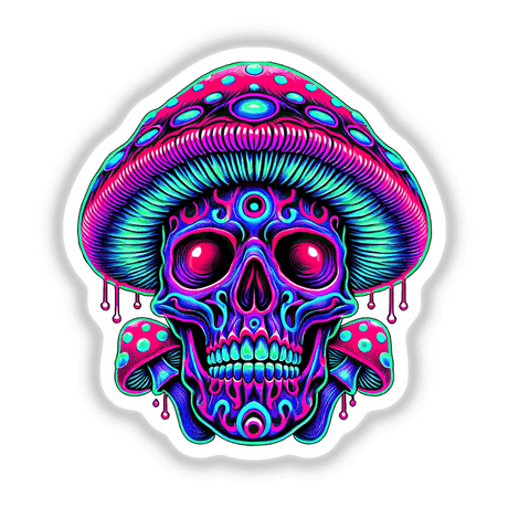 Psychedelic Skull Mushroom - Neon Trippy Dripping design featuring a colorful skull adorned with mushrooms, available as stickers or digital artwork from Decal Venue.