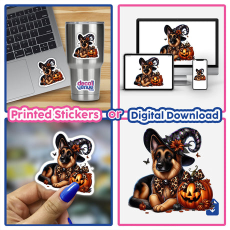 Resting German Shepherd dog wearing Halloween witch hat with pumpkin and butterflies digital artwork