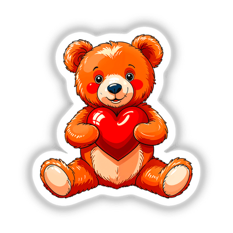 Cute Valentine's Day Teddy Bear cartoon holding a heart, available as stickers or digital artwork. Ideal for expressing love, this playful illustration adds charm to any surface or digital collection.