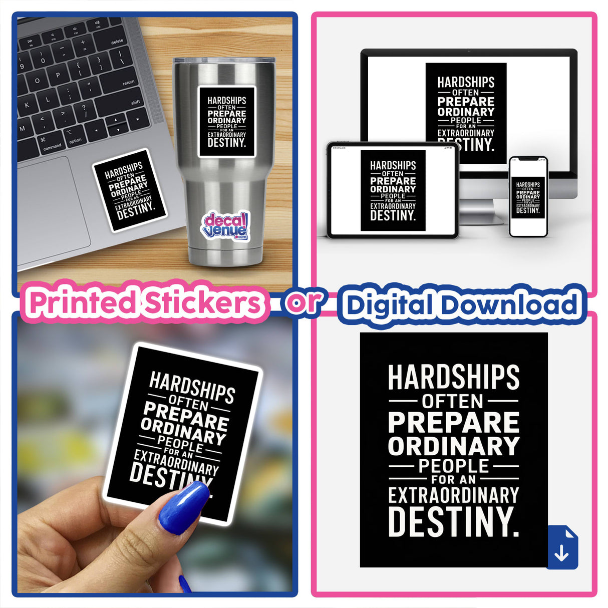 Inspirational C.S. Lewis Quote Typography Art - Hardships Prepare Ordinary People displayed on a laptop and phone, available as a sticker or for commercial download.