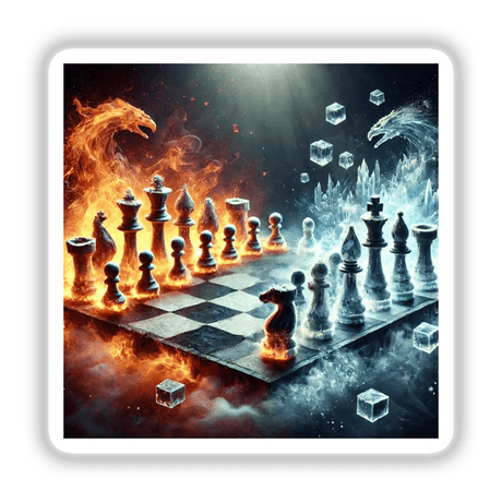 Chessboard with fire and ice pieces, featuring a dragon backdrop, from the Battle of Elements series. Available as stickers or digital artwork.