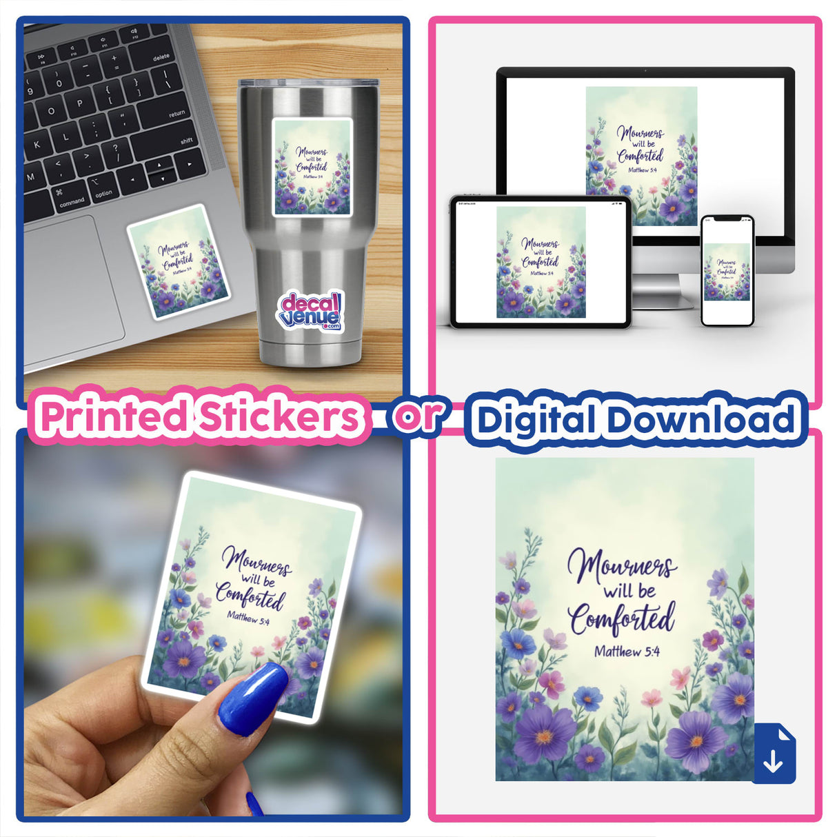 Fauvist Spring Pansy “Mourners Will Be Comforted” Matthew 5:4 Sticker or Clipart with Commercial Rights, featuring a collage of stickers and digital downloads, ideal for laptops or digital devices.