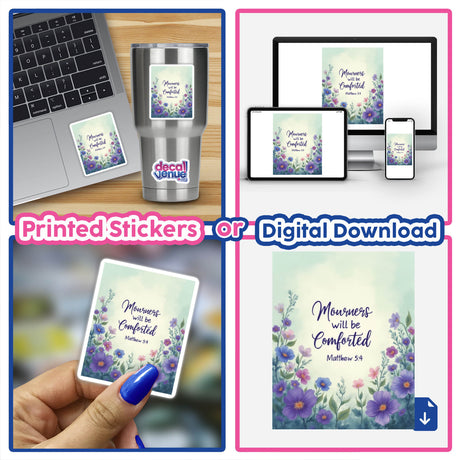 Fauvist Spring Pansy “Mourners Will Be Comforted” Matthew 5:4 Sticker or Clipart with Commercial Rights, featuring a collage of stickers and digital downloads, ideal for laptops or digital devices.