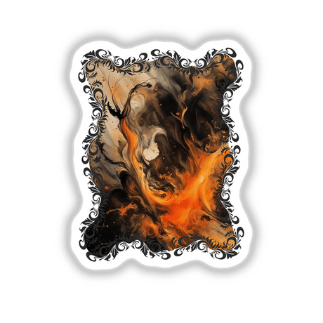 Black and Orange Lyrical Abstract with Gothic Frame, showcasing intricate fractal art. Available as stickers or digital artwork, perfect for those seeking unique and creative expressions from Decal Venue.
