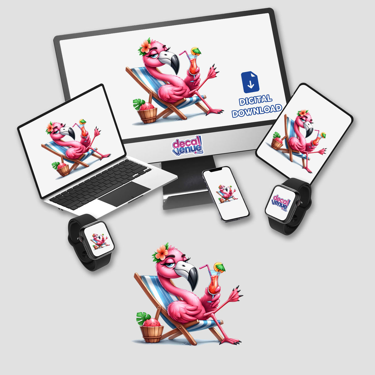 Colorful flamingo digital artwork depicted on multiple devices including laptop, tablet, and smartphone, showcasing the product "Relaxed Flamingo Feet Up" by the brand Ella Designz, available for digital download from the Decal Venue store.