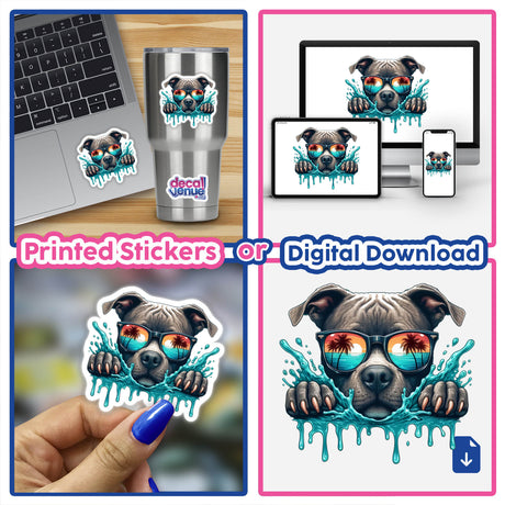 Beachy Pitbull Splash: Illustration of a playful pitbull enjoying ocean waves, available as unique stickers or digital artwork, reflecting Decal Venue's creative vinyl and art offerings.
