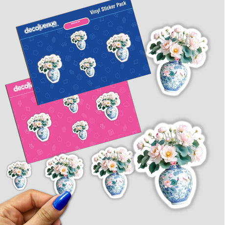 Sticker pack featuring Chinoiserie Vase with Lotus Flowers, showcasing intricate floral and bird designs. Available as stickers or digital artwork, embodying Decal Venue's unique artistic style.