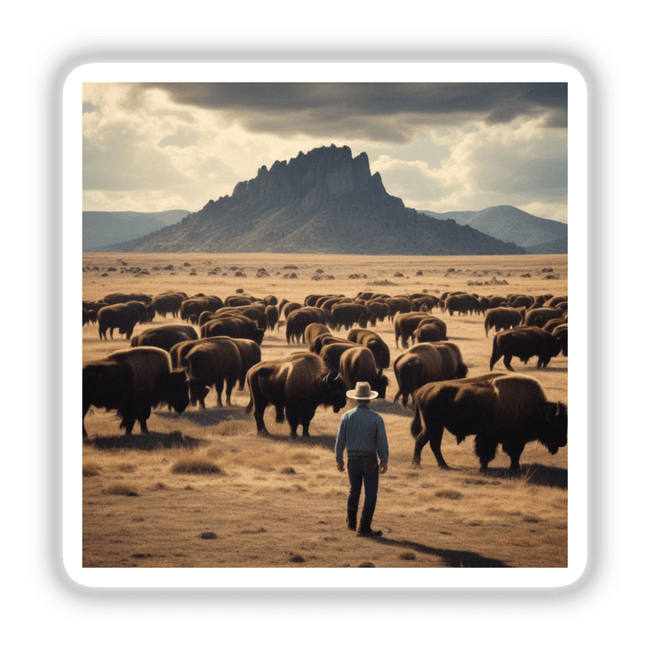 The Range: A man walks in a field with a herd of buffalo, available as unique stickers or digital artwork.
