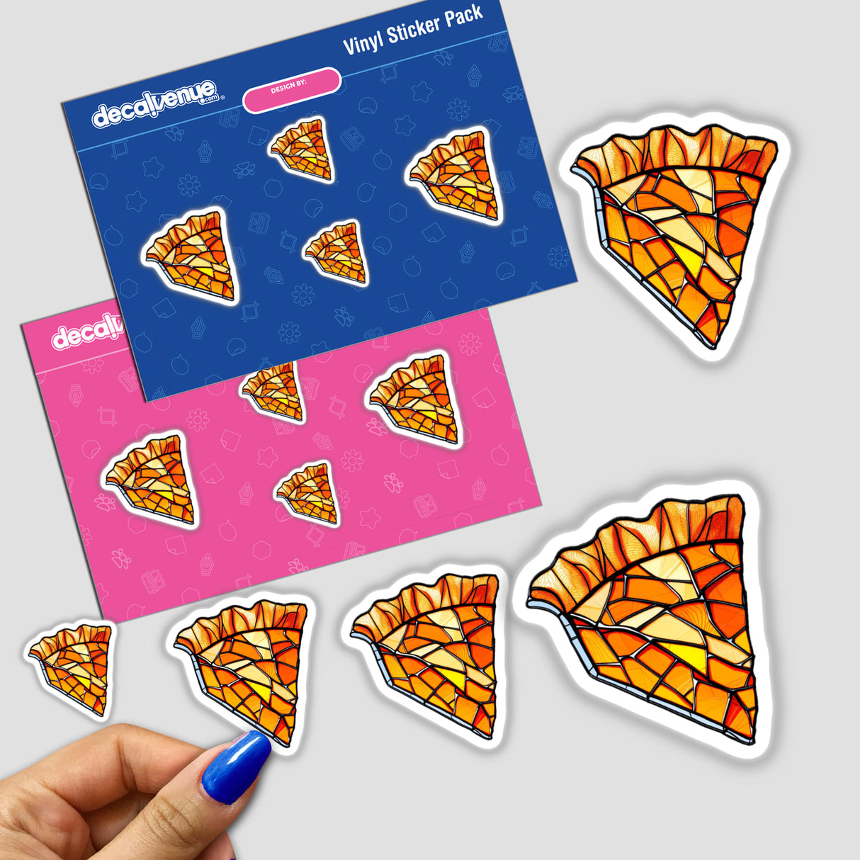 Pumpkin Pie Slice Stained Glass Art featuring sticker designs with triangles and pizza motifs, highlighting Decal Venue's unique sticker and digital art offerings.