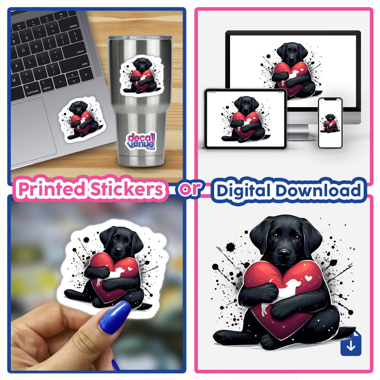 Black Lab Dog Hugging Heart Pillow II shown as a collage with a laptop, featuring a black dog holding a heart, emphasizing its availability as stickers or digital artwork.