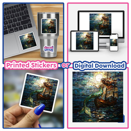 Ethereal Mermaid and Shipwreck Mosaic collage displayed on a laptop, featuring close-ups of stickers and digital artwork, including a hand holding a mermaid mosaic and a mermaid on a cup.